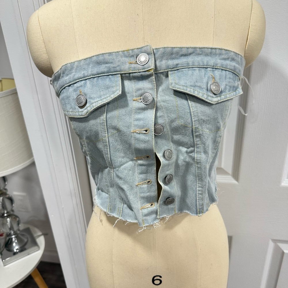 Denim Strapless Button-Up Top